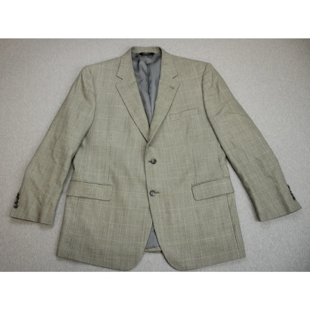 Jos A Bank Blazer Mens Size 46R Brown Windowpane Silk Wool 2 Button Notch Lapel